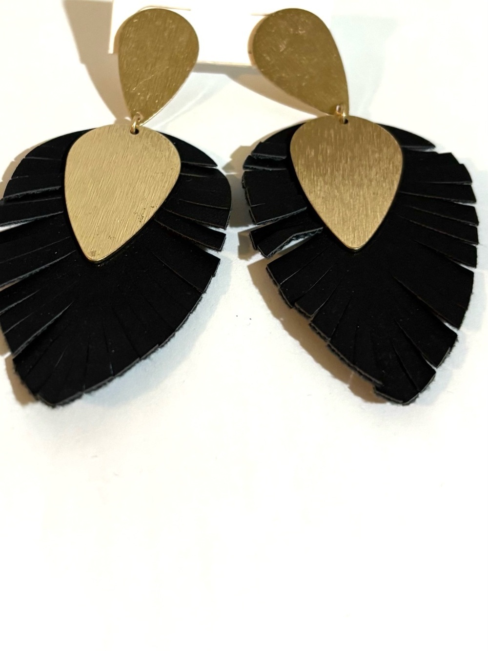 Gold and Black Teardrop Fringe leather Statement Earrings